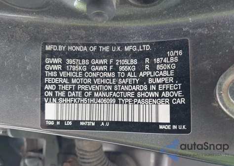 2017 Honda Civic Ex from USA, damaged, VIN SHHFK7H51HU406099